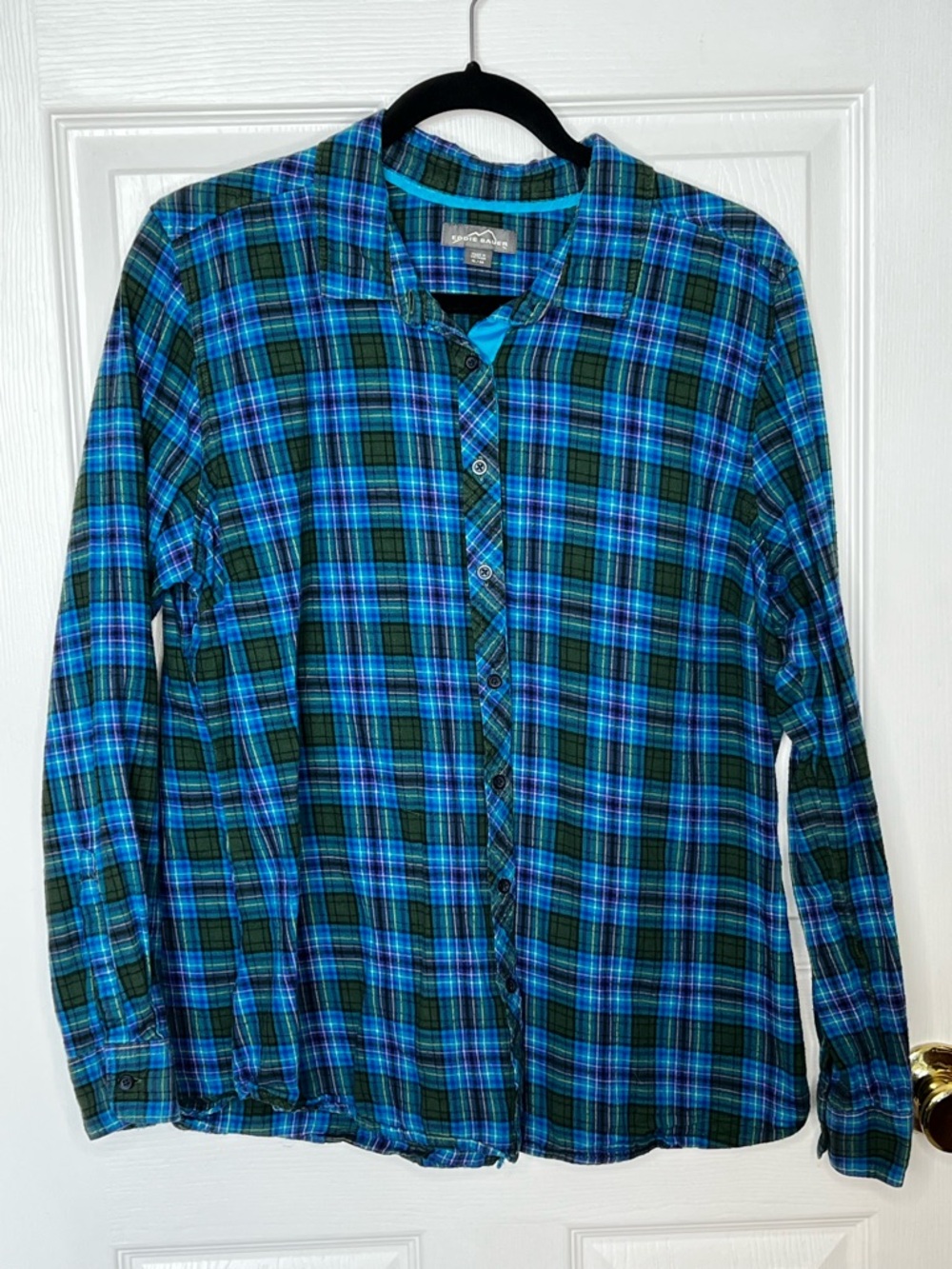 Eddie Bauer Plaid Button Down Shirt Blue Green XL